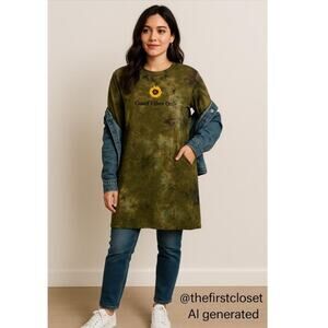 J for Justify Tie-Dye Long Sleeve Tunic Dress XL Good Vibes Only Sunflower Print